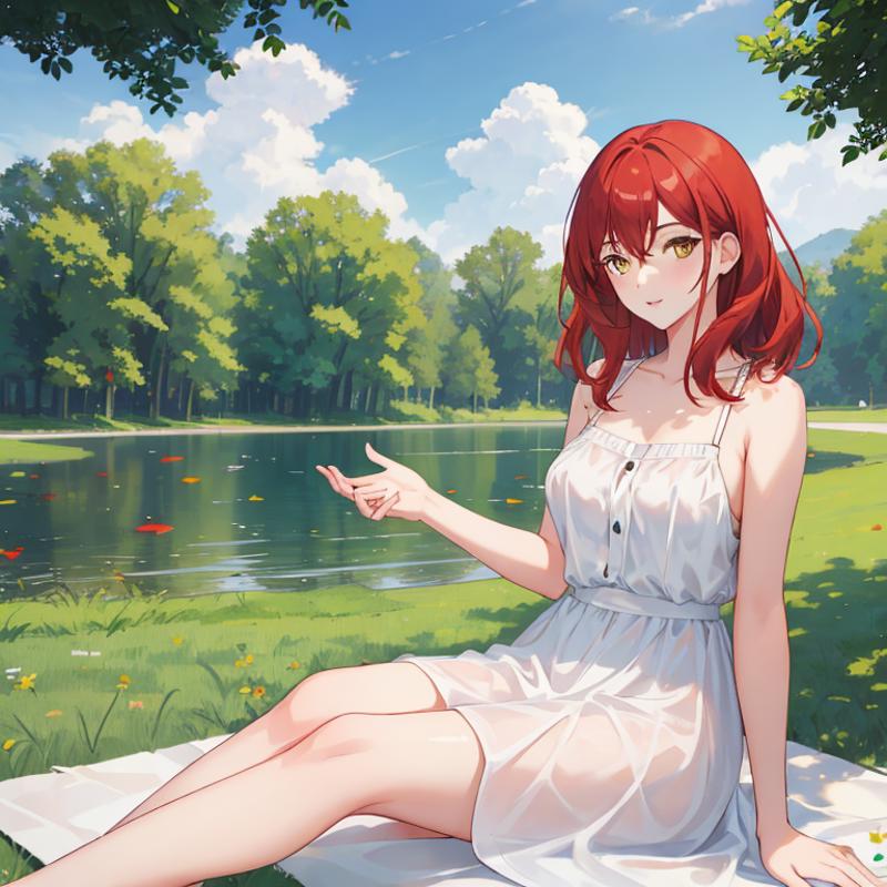 00157-2299588986-1Girl, mature, American, redhead, medium hair, yellow eyes, sitting on a picnic blanket near a lake, elegant summer dress, happy.png